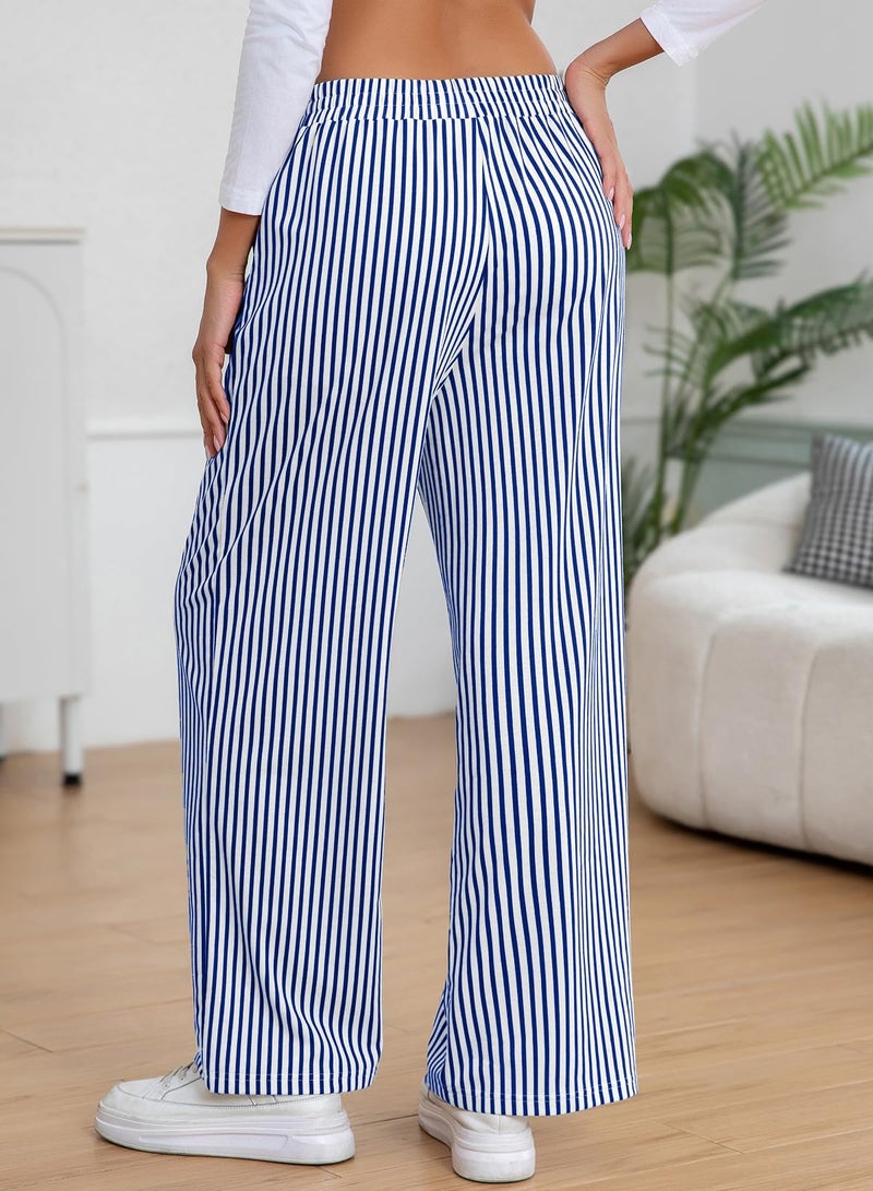 EVALESS Women's Striped Pants Spring Summer 2026 Comfy Pajama Pants High Waist Wide Leg Lounge Pants Patched Y2K Casual Trousers Lightweight PJ Bottoms with Pockets Blue Stripe Small - Image 3