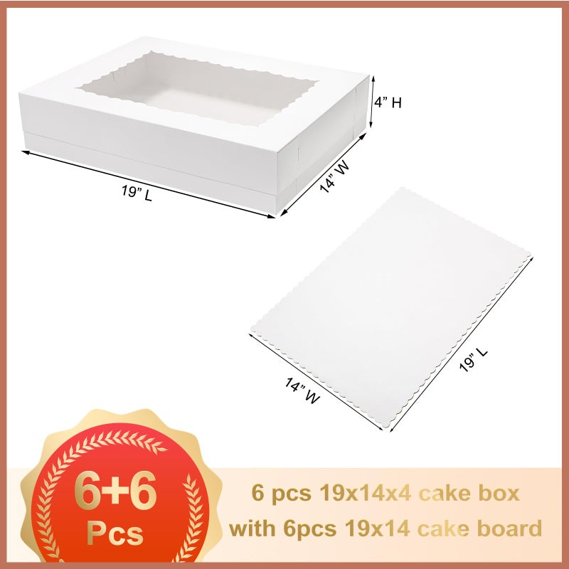 Mefleet 6pcs 19x14x4 Half Sheet Cake Boxes with 6pcs Cake Boards Rectangle 1/2 Sheet Bakery Boxes with Window for Pastry Baking Cake, Cupcakes, Donuts, Cookies, Pie Treat Packaging White Large - Image 2