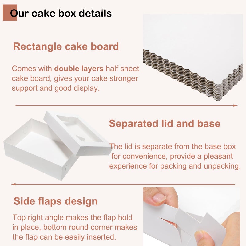 Mefleet 6pcs 19x14x4 Half Sheet Cake Boxes with 6pcs Cake Boards Rectangle 1/2 Sheet Bakery Boxes with Window for Pastry Baking Cake, Cupcakes, Donuts, Cookies, Pie Treat Packaging White Large - Image 3