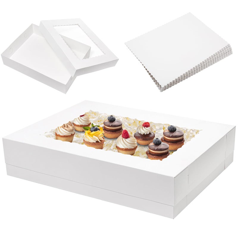 Mefleet 6pcs 19x14x4 Half Sheet Cake Boxes with 6pcs Cake Boards Rectangle 1/2 Sheet Bakery Boxes with Window for Pastry Baking Cake, Cupcakes, Donuts, Cookies, Pie Treat Packaging White Large - Image 1