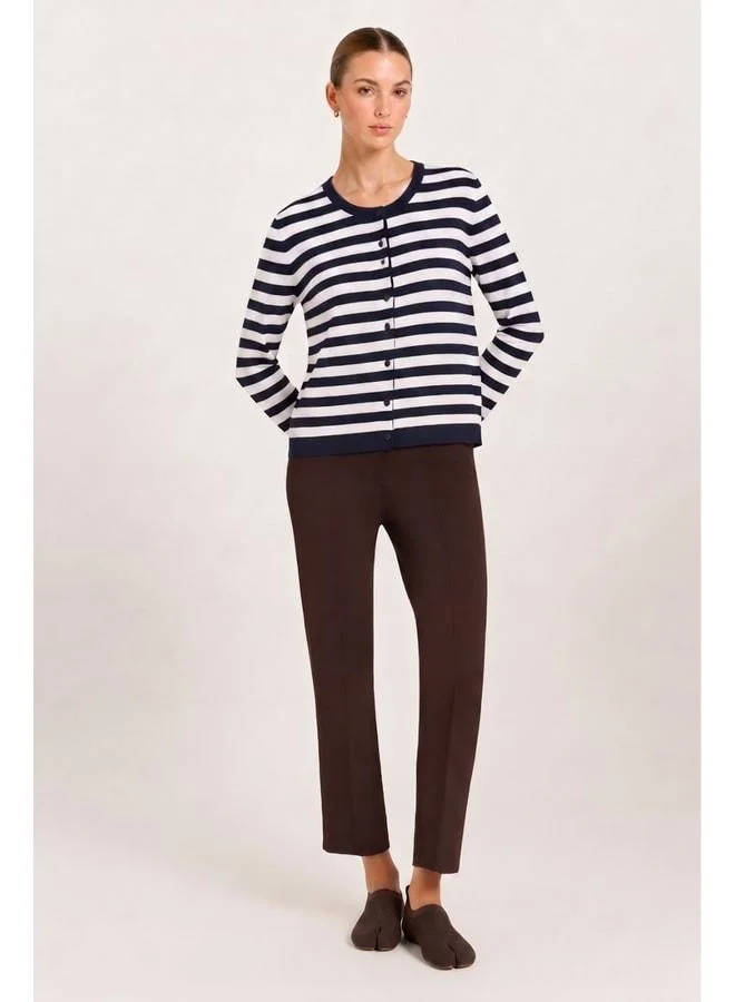 Mısırlı 1951 Ecru Navy Striped Knit Women's Cardigan.