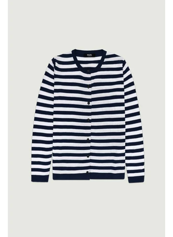 Mısırlı 1951 Ecru Navy Striped Knit Women's Cardigan.