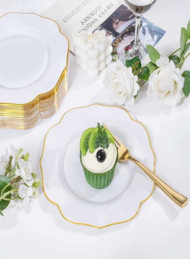bUCLA 48Pieces Gold Plastic Dessert Plates Disposable - 7.5inch Premium Hard White with Gold Rim Plastic Salad/Appetizer/Small Cake Plate for Wedding&Party - Image 3