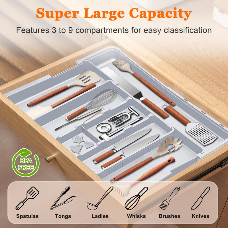 Spaclear Large Utensil Drawer Organizer Expandable Silverware Organizer for Kitchen Drawer Adjustable Cooking Utensil Holder Cutlery Flatware Tray Spatula Tools Gadgets Storage Dividers Plastic Grey - Image 2