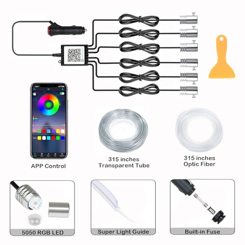 DEHERANE Interior Car LED Strip Lights, RGB 6 in 1 Ambient Lighting Kits with 315 inches Fiber Optic, 16 Million Colors APP Wireless Bluetooth Control Car Neon Lights, with Music Sync Function - Image 5