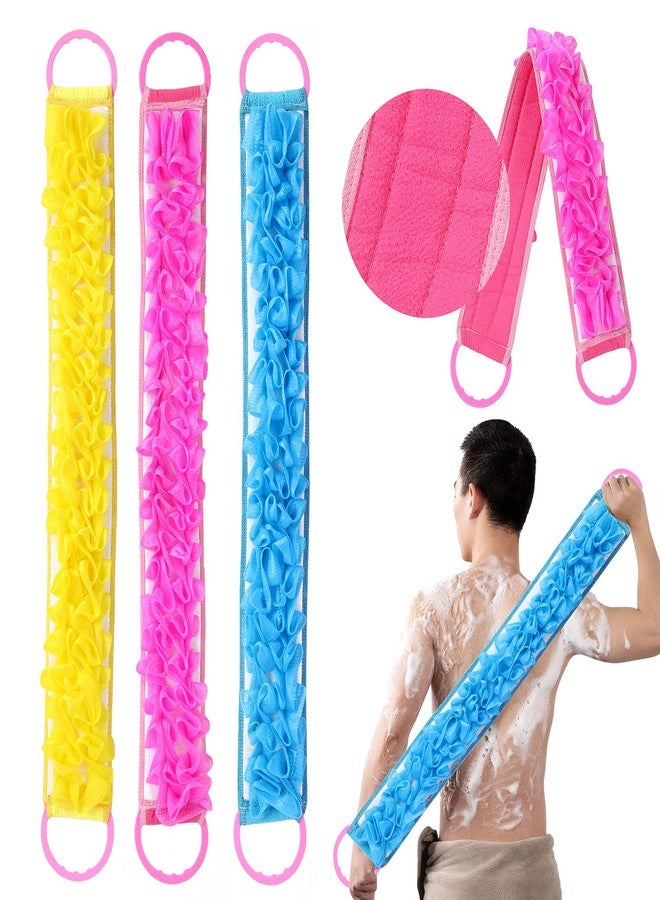 Angla 3 PACK Double-Sided Lace Cloth Back Loofah Scrubber Bath Scrub Shower Sponge Long Exfoliating Back Scrubber Scratcher Strap With Handle, Cream Skin Wash Cleaner Applicator - Image 1