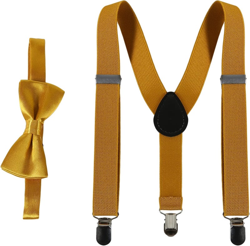 cheekyglo Tie Suspenders Set for Kids Elastic Adjustable Suspenders with Bow Ties Classic Braces Bowtie Set Gifts Trouser Hanging Clip for Wedding, Show, Stage,Turmeric - Image 1