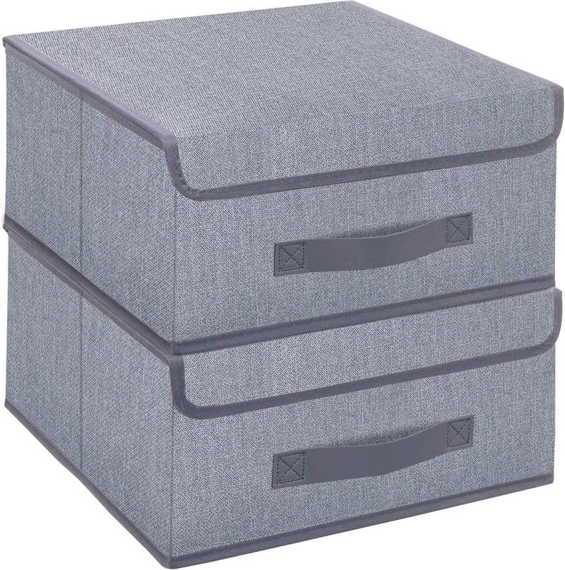 Onlyeasy Foldable Storage Bins Cubes Boxes with Lid - Storage Box Cube Cubby Basket Closet Organizer Pack of 2 with Leather Handles for Closet Bedroom, 13" x 13", Linen-like Grey, MXDLB2P - Image 1