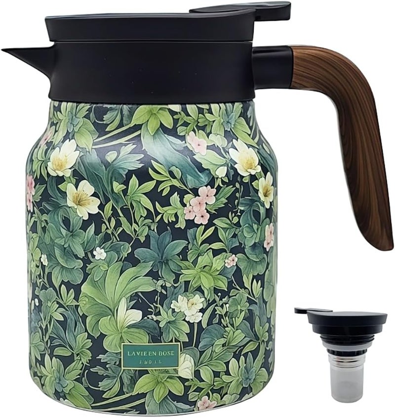 MofivKce 1000ml Smart Temperature Control Vintage Floral Tea Thermos Stainless Steel Insulated Mug with Built-In Filter Double Wall Vacuum Travel Tumbler for Hot Cold Drinks (Flowers and Plants) - Image 1