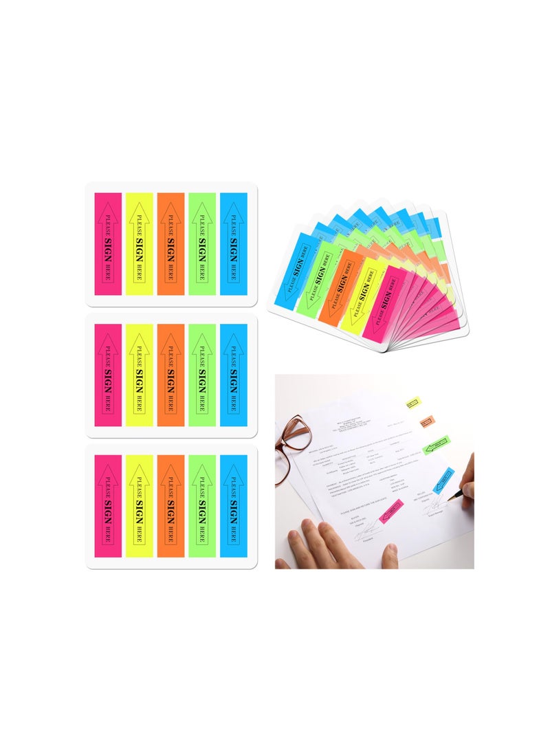 SOLARAE Fluorescent Plastic Film Index Sticky Notes, Sticky Tabs with 5 Bright Colors, Transparent Please Sign Here Notes Reminder Arrow, No Residue, for Office School Notebook Annotation(1000pcs ) - Image 1