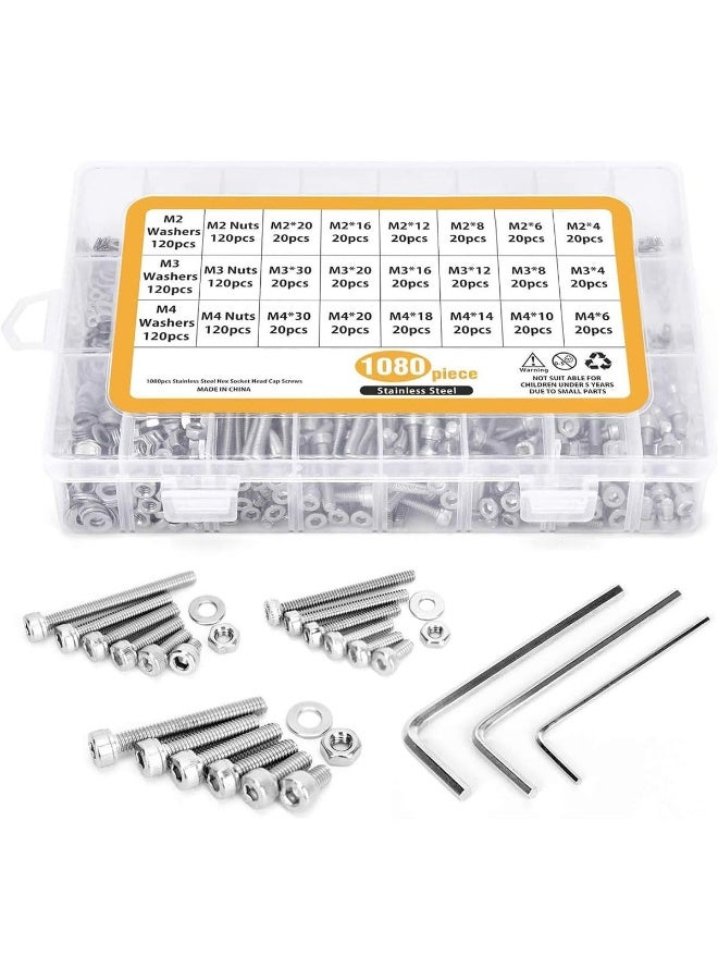 YelaJoy 1080Pcs Socket Cap Screws,M4 M3 M2 Screws Bolts Nuts Washers Assortment Set, 304 Stainless Steel Metric Hex Socket Head Cap Screws Kit with Allen Wrench - Image 3