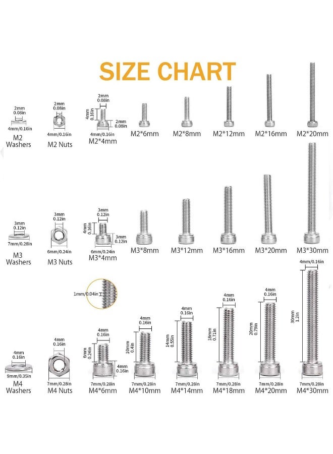 YelaJoy 1080Pcs Socket Cap Screws,M4 M3 M2 Screws Bolts Nuts Washers Assortment Set, 304 Stainless Steel Metric Hex Socket Head Cap Screws Kit with Allen Wrench - Image 1