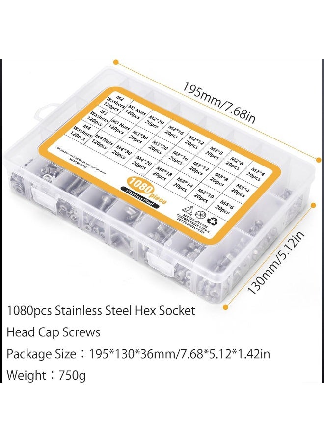 YelaJoy 1080Pcs Socket Cap Screws,M4 M3 M2 Screws Bolts Nuts Washers Assortment Set, 304 Stainless Steel Metric Hex Socket Head Cap Screws Kit with Allen Wrench - Image 5