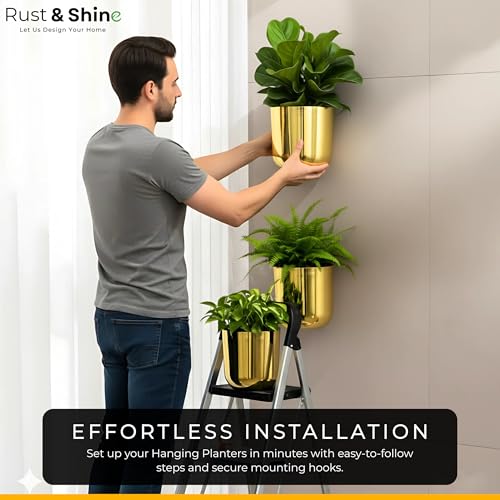 Rust & Shine Urban Jungle Hanging Planter Cachepots – Gold (Set of 3) | Durable Iron Wall Hanging Pots for Plants | Mini Flower Planters for Balcony Vertical Garden & Home Office Wall Decor - Image 3