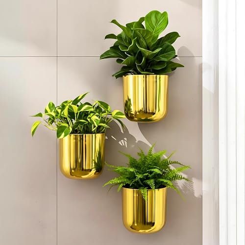Rust & Shine Urban Jungle Hanging Planter Cachepots – Gold (Set of 3) | Durable Iron Wall Hanging Pots for Plants | Mini Flower Planters for Balcony Vertical Garden & Home Office Wall Decor - Image 1