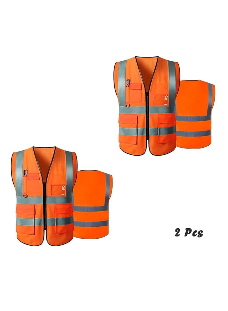 Yuwell Reflective Safety Vests High Visibility Breathable Day Night Warning Jacket with Zipper And 5 Pockets For Construction Traffic Cycling Safety Purpose Large 2 Pcs - Image 1