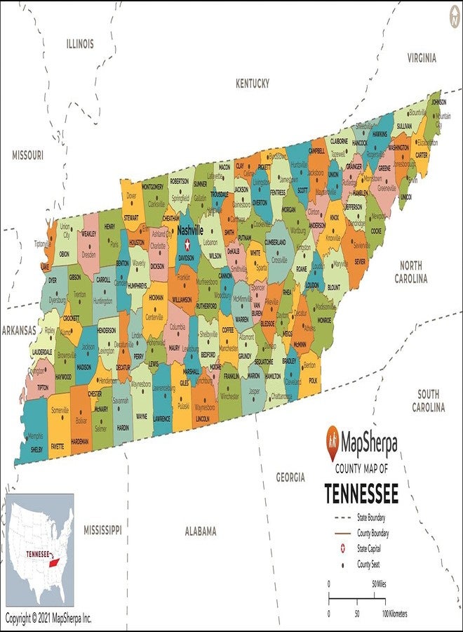 MapSherpa Tennessee Counties Map - Standard - 36" x 19.5" Laminated - Image 1