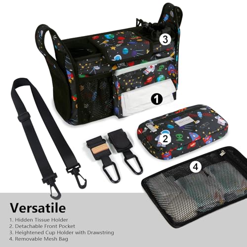 TOPDesign Universal Baby Stroller Organizer Stroller Caddy with Detachable Mesh Bag Heightened Insulated Cup Holders NonSlip Secure Hooks Accessories Fits Most Strollers Space Exploration - Image 3