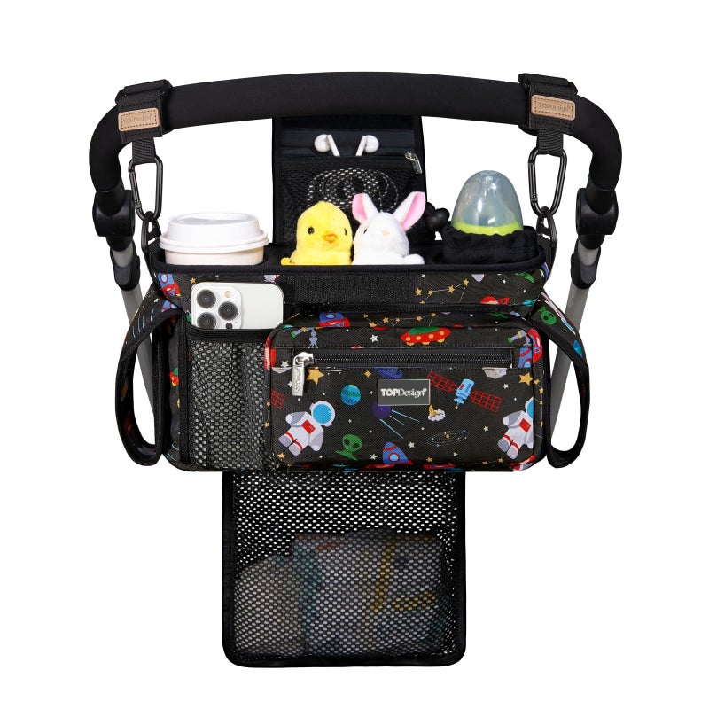 TOPDesign Universal Baby Stroller Organizer Stroller Caddy with Detachable Mesh Bag Heightened Insulated Cup Holders NonSlip Secure Hooks Accessories Fits Most Strollers Space Exploration - Image 2