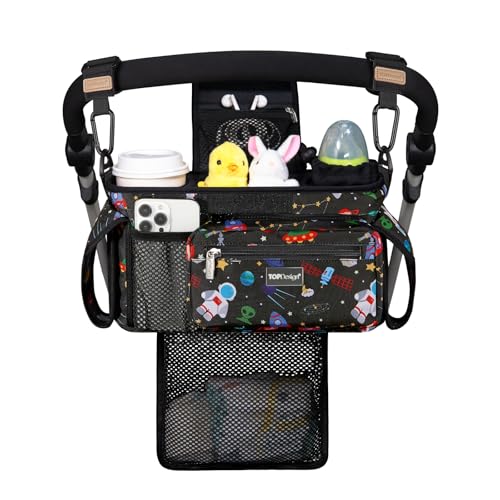 TOPDesign Universal Baby Stroller Organizer Stroller Caddy with Detachable Mesh Bag Heightened Insulated Cup Holders NonSlip Secure Hooks Accessories Fits Most Strollers Space Exploration - Image 1