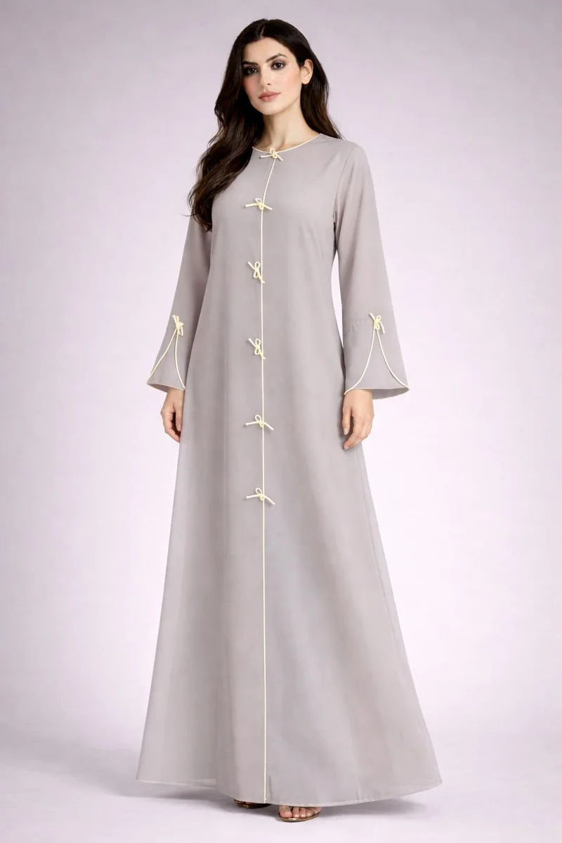 Grey Korean Nida Abaya | Luxury Modest Wear with Contrast Piping