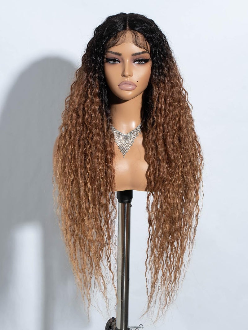Joedir 32" Long Deep Curly Wavy Lace Front Synthetic Wigs HD Transparent Glueless Lace Wig Heat Resistant Fiber Pre Plucked Hairline with Baby Hair Wig for Women(Ombre Black to Honey Color)