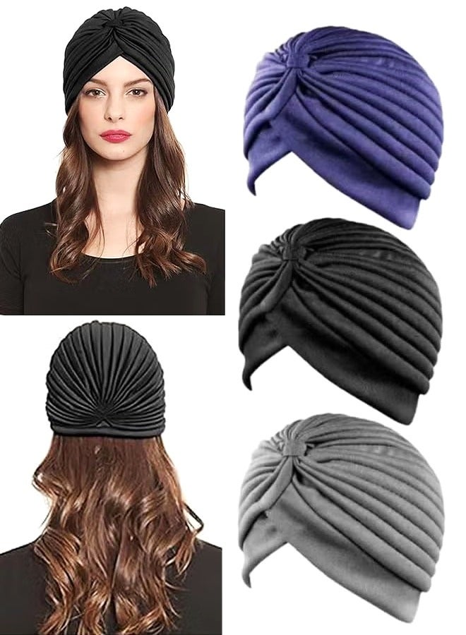 Unewshi 3 Pieces Turbans for Women Soft Turban Head Wrap Pleated Beanie Cap - Image 1