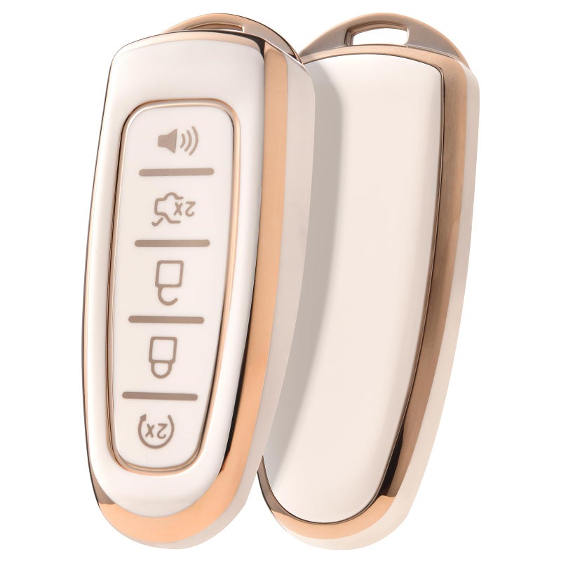 ELOHEI Key Fob Cover for Ford CMax Edge Escape Expedition Explorer Flex Focus Taurus Lincoln MKS MKT MKX Premium Soft TPU 360 Degree Full Protection Key Case Gold Edge White