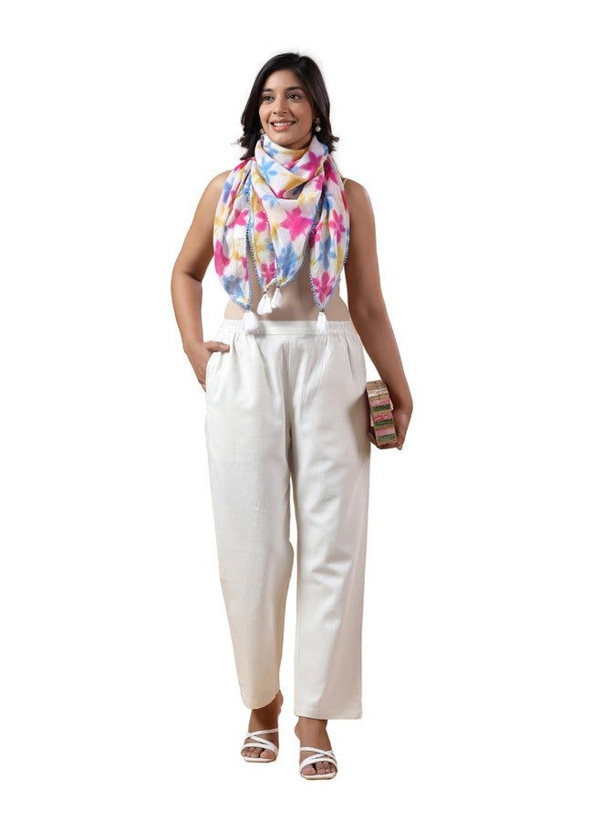 Savi Pink and Yellow Cotton Tussle & Beads Work Tie & Dye Printed Scarf