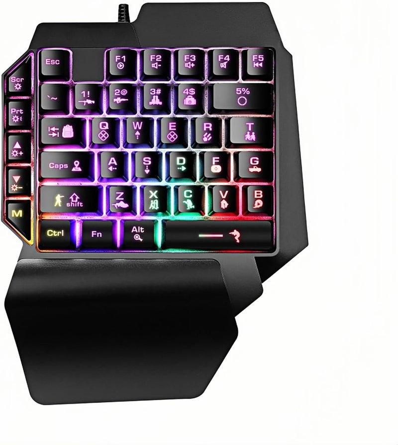 Guiheng Wired One Handed Gaming Keyboard Rainbow LED Backlit 39 Keys Portable Mini Gaming Keypad Ergonomic Game Controller for PC Gamer-Black - Image 1