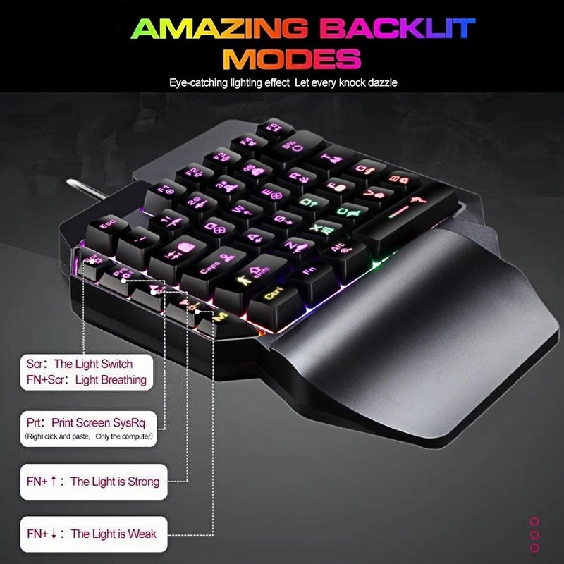 Guiheng Wired One Handed Gaming Keyboard Rainbow LED Backlit 39 Keys Portable Mini Gaming Keypad Ergonomic Game Controller for PC Gamer-Black - Image 4