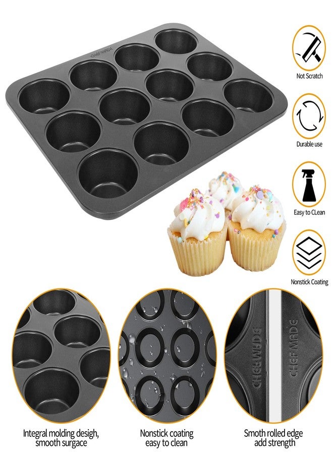 CHEFMADE 12 Cups Muffin Pan Set, 2 Packs Bakeware Non-Stick Cupcake Baking Pan Heavy Duty Carbon Steel Pan Muffin Tins Standard Baking Mold for Cakes - Image 3
