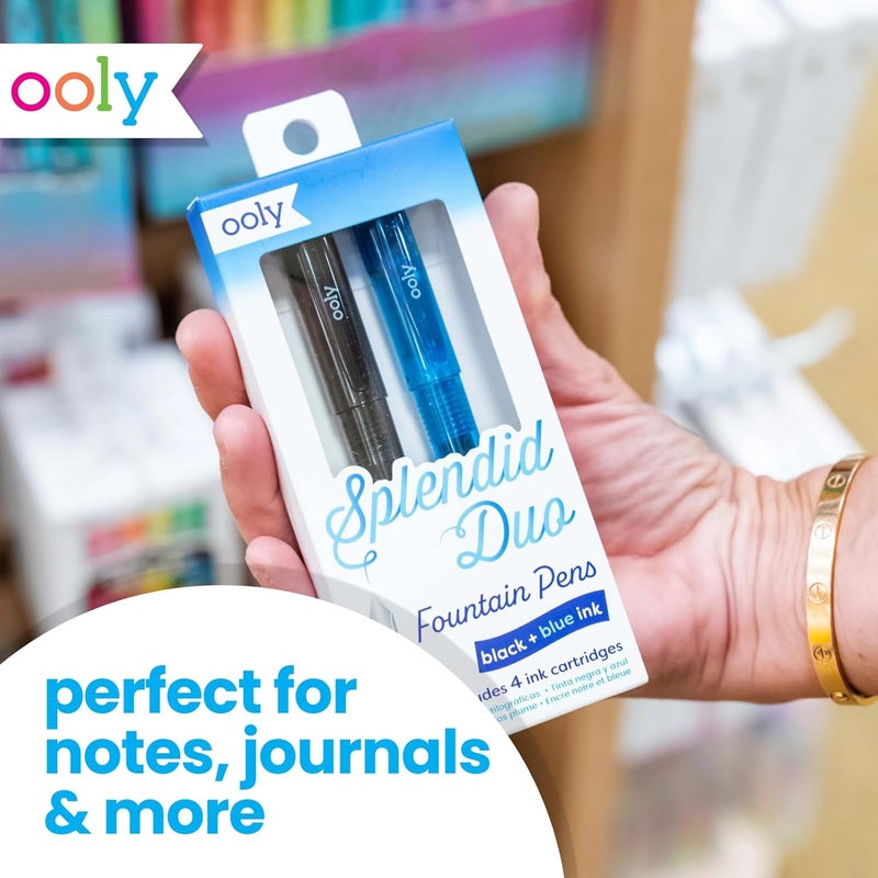Ooly Splendid Duo Fountain Pens: Black & Blue Inks - Set of 2 Pens & 4 Cartridges, School Supplies - Image 2