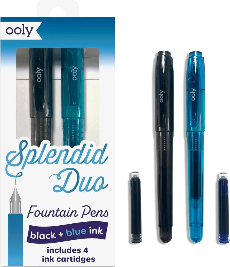 Ooly Splendid Duo Fountain Pens: Black & Blue Inks - Set of 2 Pens & 4 Cartridges, School Supplies - Image 1