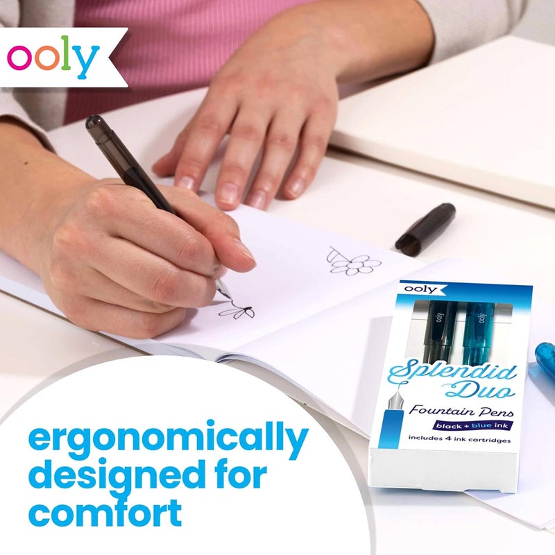 Ooly Splendid Duo Fountain Pens: Black & Blue Inks - Set of 2 Pens & 4 Cartridges, School Supplies - Image 4