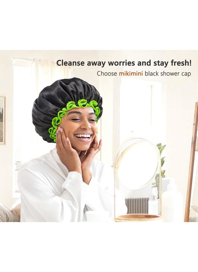 mikimini Black Shower Cap for Women, Men & Girls, 1 Pack, Reusable Double Layers Waterproof Bathing Shower Hat with Soft Comfortable PEVA Lining, Non-fading, Stretchy Shower Cap  - Image 4