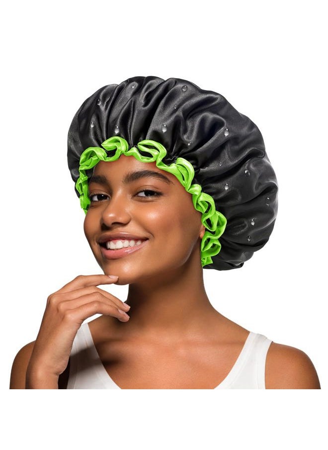 mikimini Black Shower Cap for Women, Men & Girls, 1 Pack, Reusable Double Layers Waterproof Bathing Shower Hat with Soft Comfortable PEVA Lining, Non-fading, Stretchy Shower Cap  - Image 1