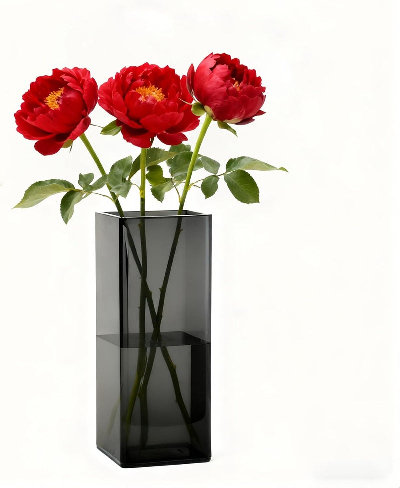 Guluto Acrylic Square Flower Vase, Non-breakable Vase, 4" x 4" x 10" Tall Grey Vases for Flower, Large Cube Floral Plant Container, Planter Terrarium for Wedding Party Event, Home Office Decor - Image 1