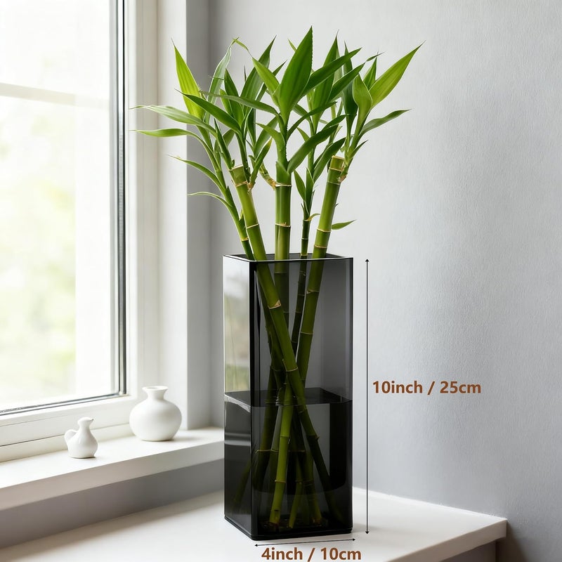 Guluto Acrylic Square Flower Vase, Non-breakable Vase, 4" x 4" x 10" Tall Grey Vases for Flower, Large Cube Floral Plant Container, Planter Terrarium for Wedding Party Event, Home Office Decor - Image 4