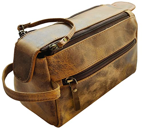 RUSTIC TOWN Leather Toiletry Bag for Men - Hygiene Organizer Travel Ditty Kit (Antique Brown) - Image 1