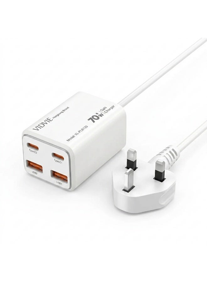 VIDVIE  Desktop Charger 70W GaN with 4 Ports (Dual Type-C & Dual USB) 1.5m Extension Cord - White - Image 1