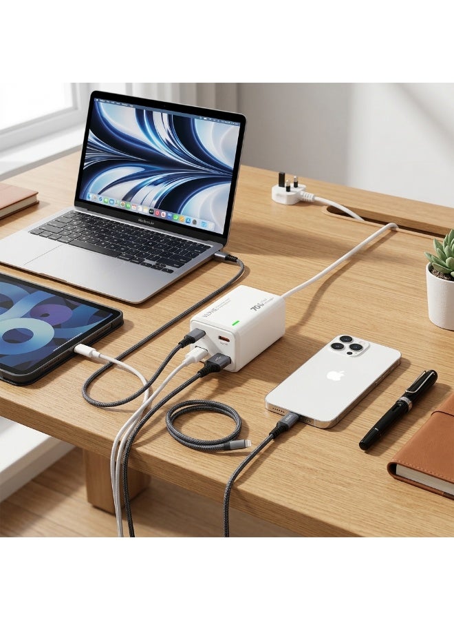 VIDVIE  Desktop Charger 70W GaN with 4 Ports (Dual Type-C & Dual USB) 1.5m Extension Cord - White - Image 2