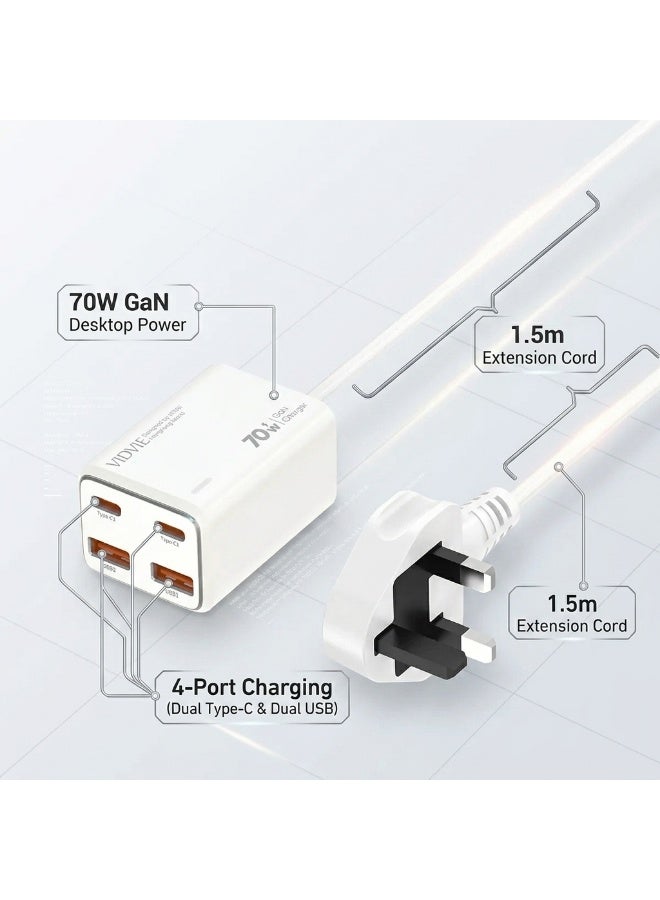 VIDVIE  Desktop Charger 70W GaN with 4 Ports (Dual Type-C & Dual USB) 1.5m Extension Cord - White - Image 3