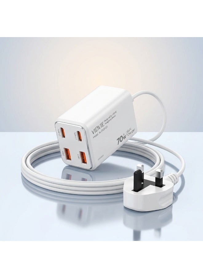 VIDVIE  Desktop Charger 70W GaN with 4 Ports (Dual Type-C & Dual USB) 1.5m Extension Cord - White - Image 4
