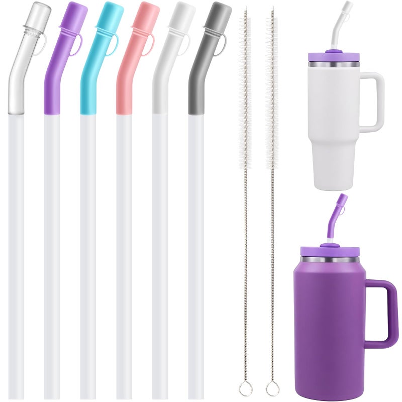 KINYFY 6 Pcs Reusable Straws with Silicone Tips, 12 Inch Clear Plastic Straws with Flex Elbow Silicone Covers, 40 oz Cup Tumbler Replacement Straw with 2 Cleaning Brushes for Cold or Hot Drinks - Image 1