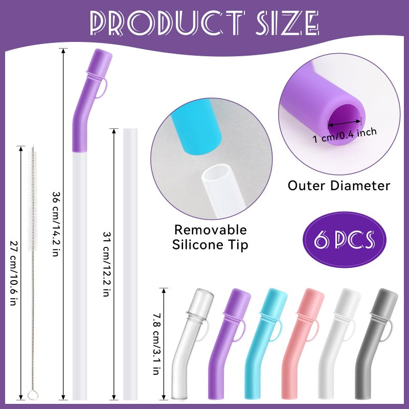 KINYFY 6 Pcs Reusable Straws with Silicone Tips, 12 Inch Clear Plastic Straws with Flex Elbow Silicone Covers, 40 oz Cup Tumbler Replacement Straw with 2 Cleaning Brushes for Cold or Hot Drinks - Image 2
