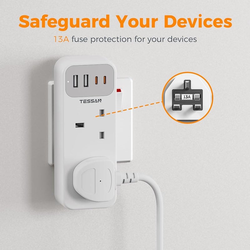 TESSAN Double Plug Adaptor with 4 USB(2 USB C) - Image 4