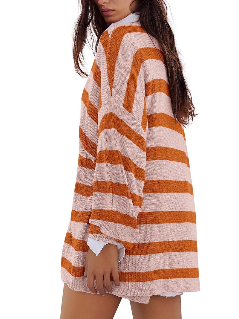 Panadila Womens Oversized Lounge Sets Striped Sweater Shorts Set Matching Pajama Set 2 Piece Outfits (Dusty Pink Combo,M) - Image 3