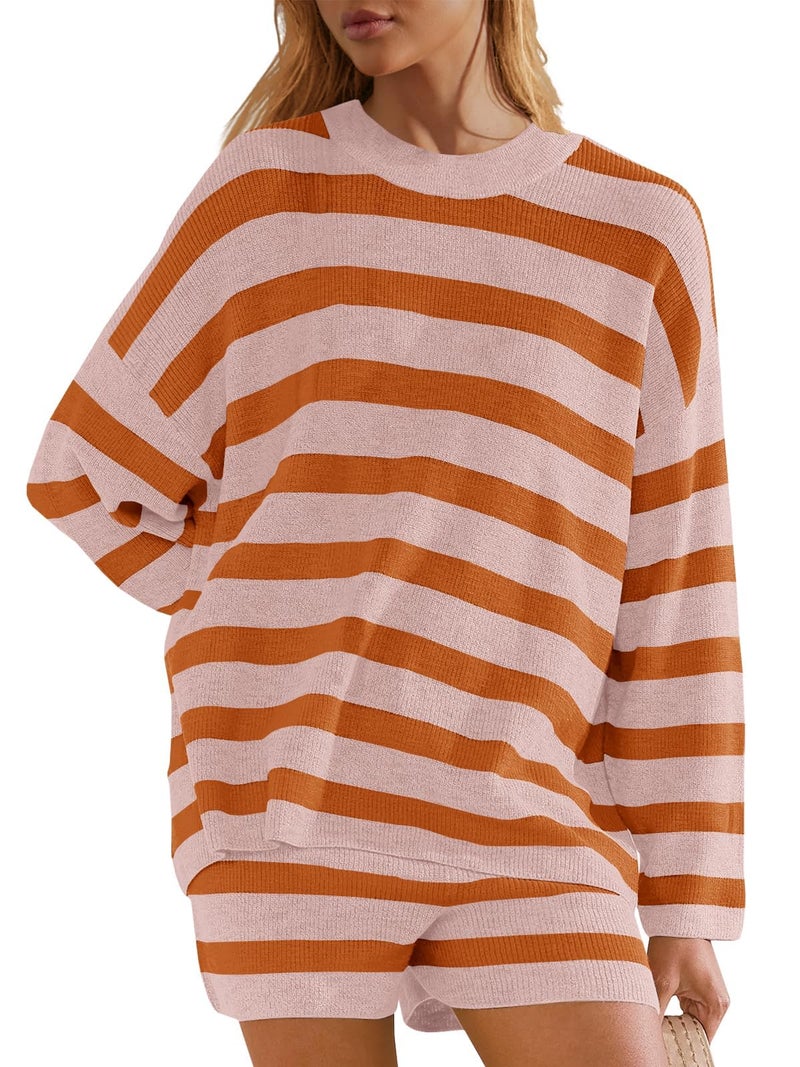Panadila Womens Oversized Lounge Sets Striped Sweater Shorts Set Matching Pajama Set 2 Piece Outfits (Dusty Pink Combo,M) - Image 2