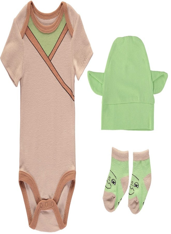 Happy Threads Star Wars Baby Boys Clothing 3-Piece Gift Set with Baby Bodysuit, Hat, and Socks - Star Wars Baby Clothes (Brown/Green, 0-3M) - Image 1
